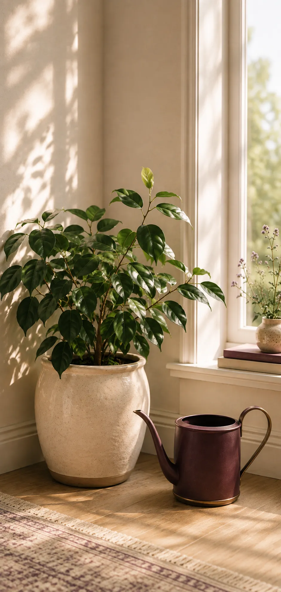 A healthy potted plant in a sunlit corner, with a plum watering can beside it