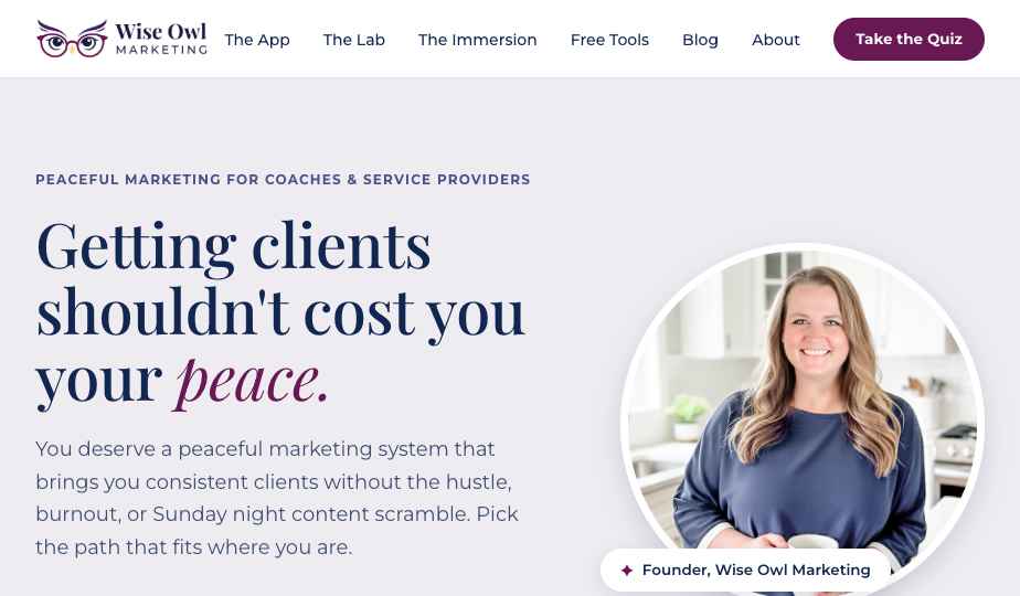 A website built this way: the Wise Owl Marketing home page, with a large headline and a photo of Heather