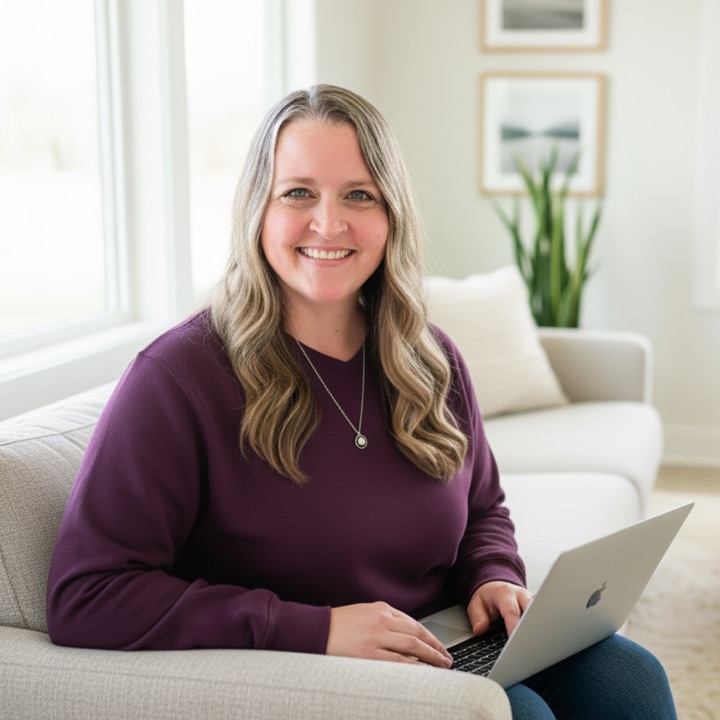 Heather Stephens, founder of Wise Owl Marketing, working on her laptop at home