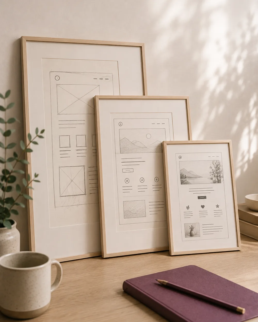 A notebook of hand-drawn website wireframes on a desk, with a pen resting beside it