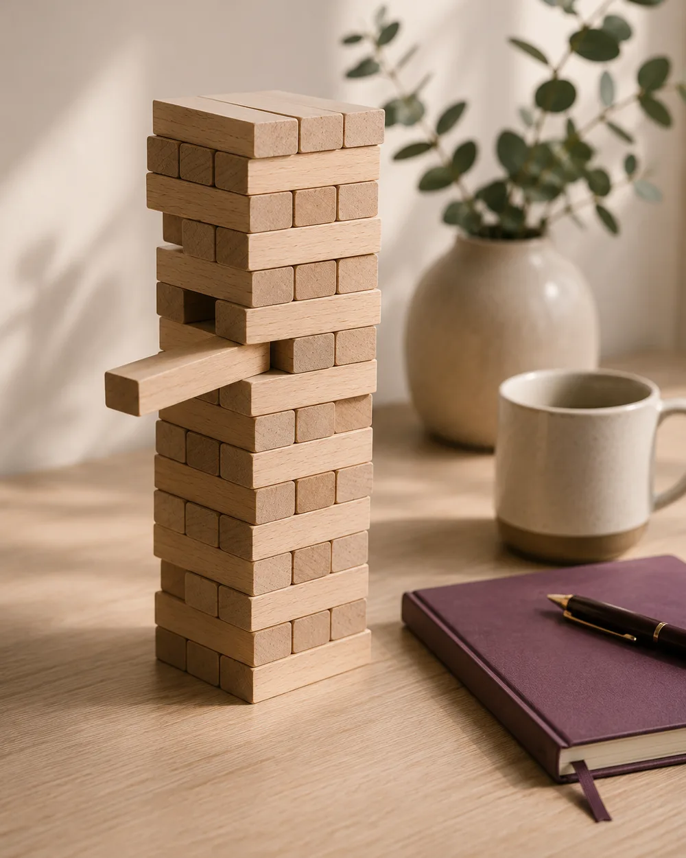 A Jenga tower on a desk with one block pulled halfway out, the stack leaning but still standing