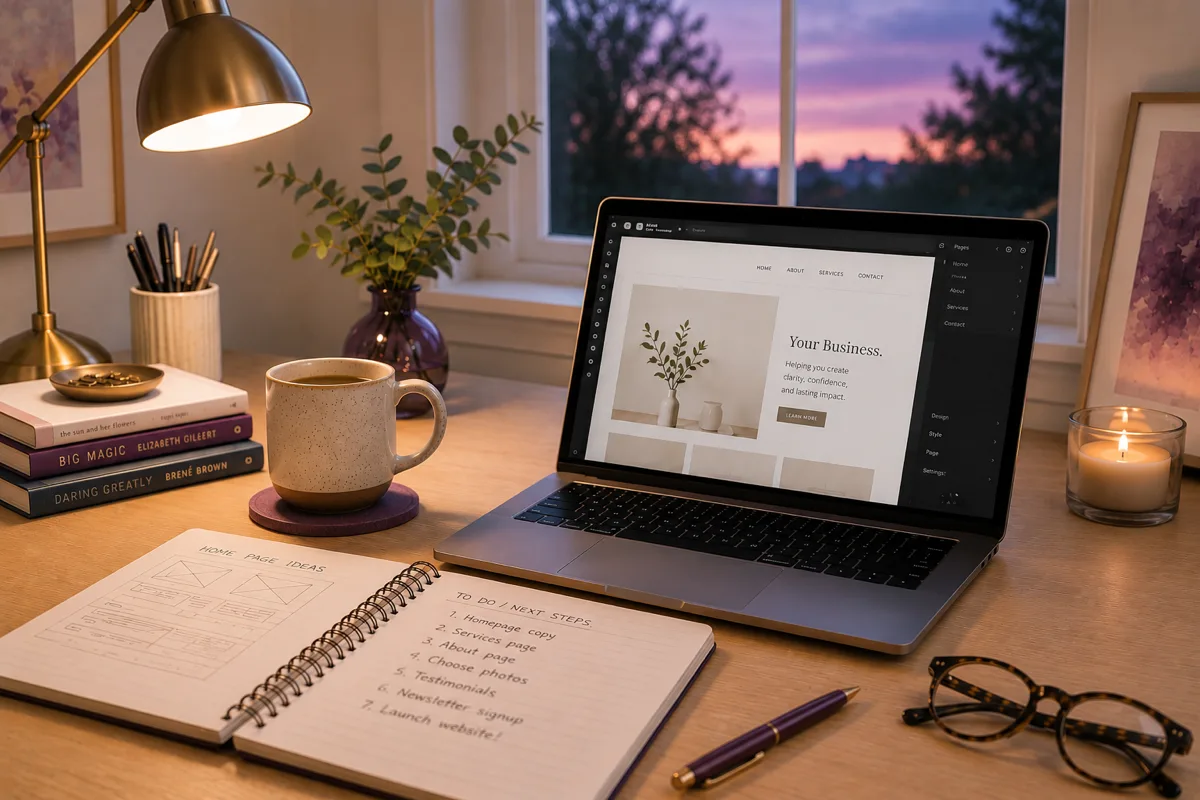 A desk at dusk: a laptop with a half-built website open, a notebook of home page sketches and a to-do list, a mug of coffee, and a lit candle